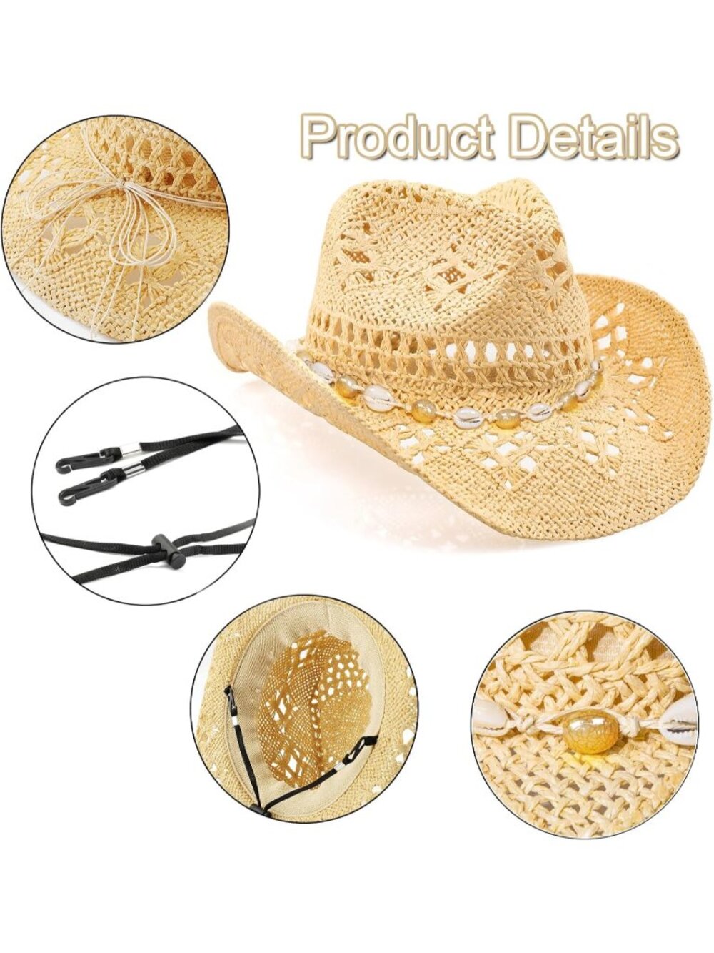 Men's Beige Comfortable High-quality Synthetic Straw Cowboy Hats - Picture 3 of 6